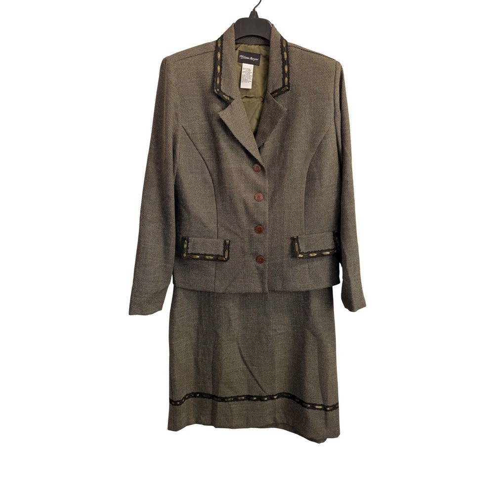 Melissa Harper Womens Olive Green Skirt Suit Set Ribbon Trim Blazer Size 16